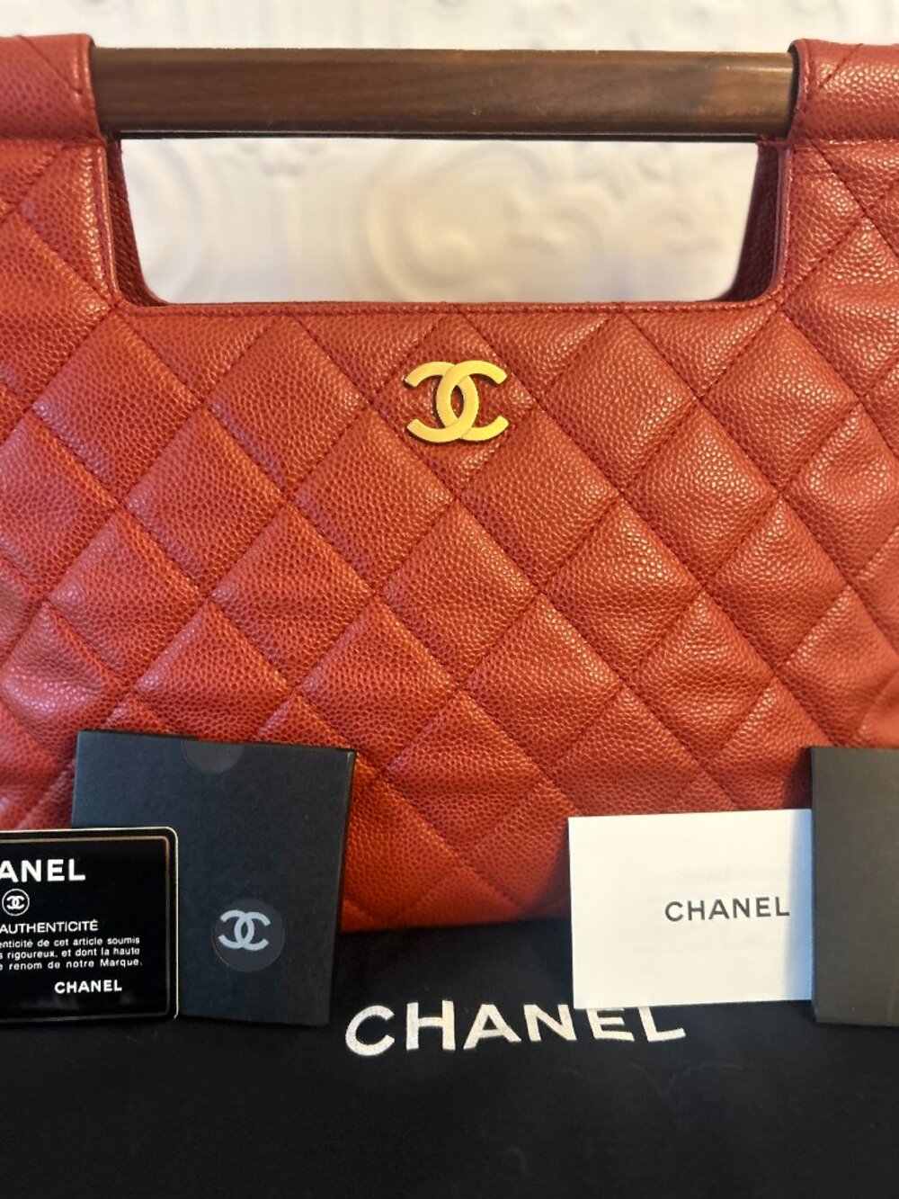 CHANEL Wood Handle Tote in Red Caviar